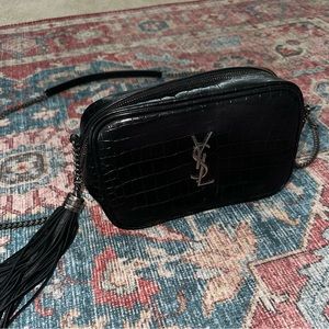 YSL Calfskin Crocodile Embossed Monogram Mini Lou Camera Bag Black